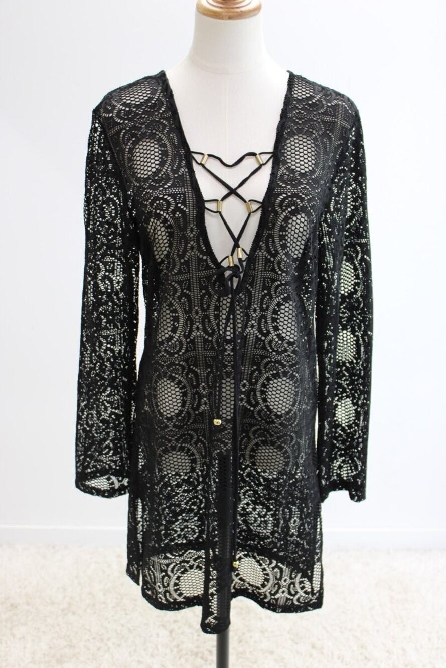 Black Lace Beach Dress Coverup Medium Long Sleeve Whimsygoth Witchy Dark Fairy
